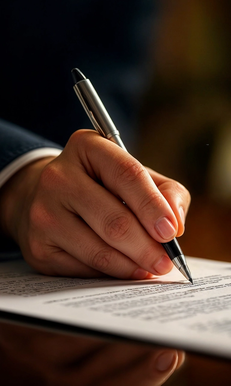 Imagem em destaque, sendo uma mão com uma caneta preenchendo um documento